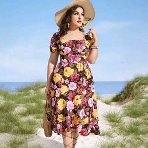 Floral Print Knot Front Puff Sleeve Ruffle Hem Dress 4x